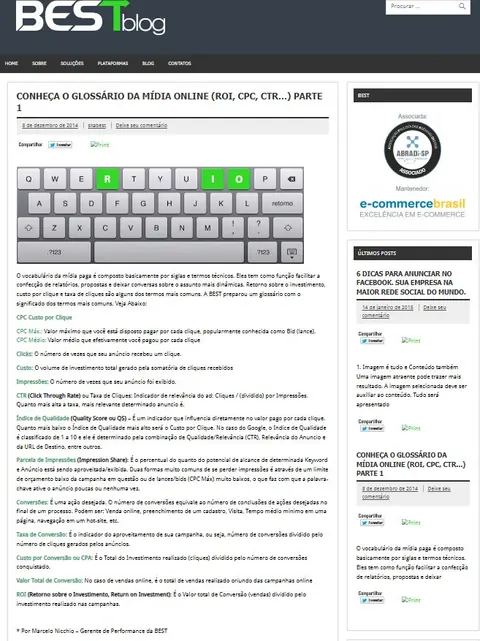 BEST Blog — ‘Online Media Glossary (ROI, CPC, CTR...) Part 1’, published on December 8, 2014 and attributed to Marcelo Nicchio, Performance Manager at BEST.