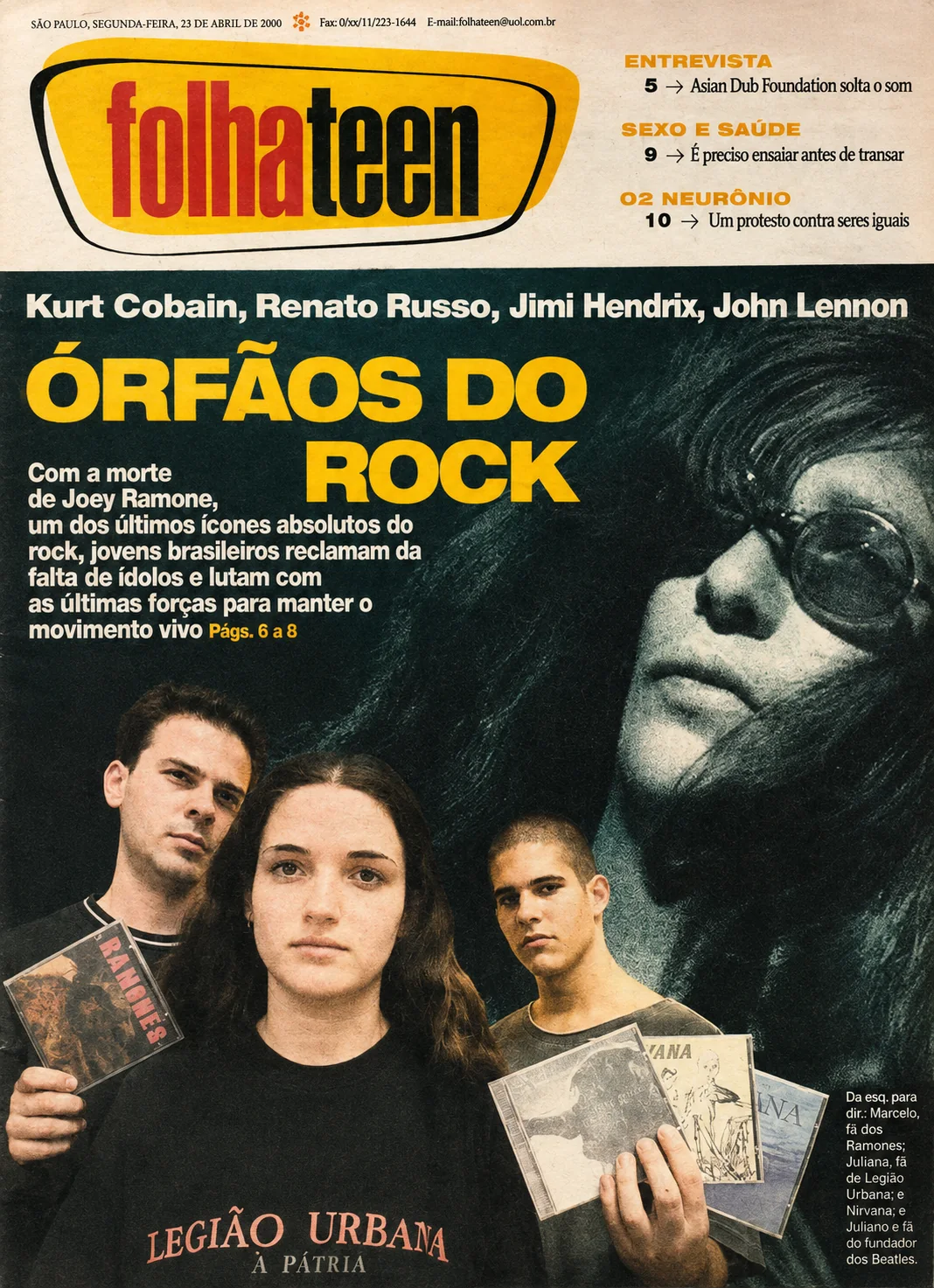 Folhateen cover with the headline Órfãos do Rock, April 23, 2001 issue.
