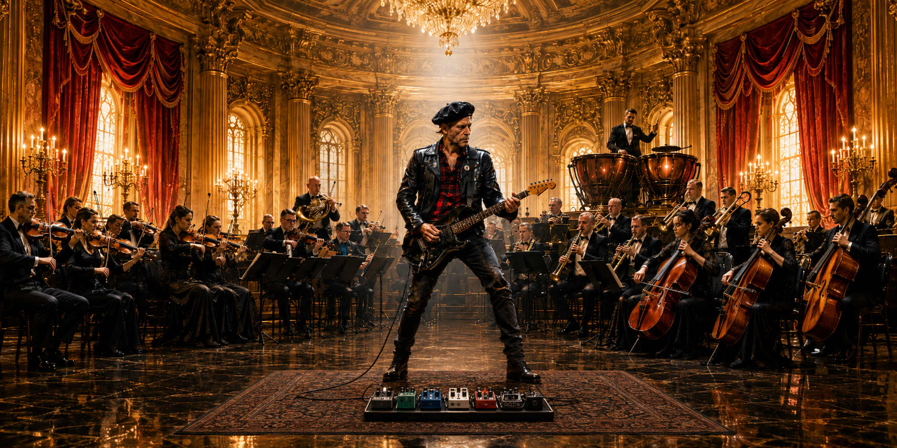Conceptual illustration of Punk Rock Orchestra v2: a punk guitarist at the center of a large classical orchestra