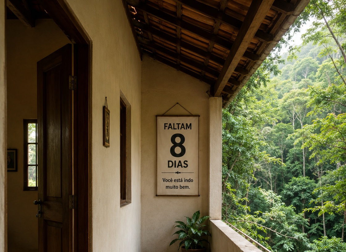 Visual reconstruction of the meditation hall entrance at Dhamma Santi, with a sign reading Faltam 8 dias and the forest alongside it.
